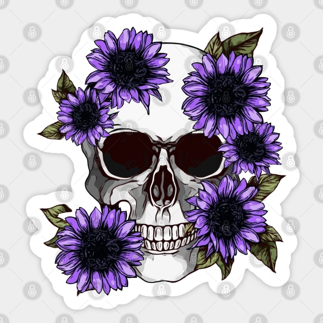 floral skull, cool skull, violet sunflowers skull mask face Sticker by Collagedream